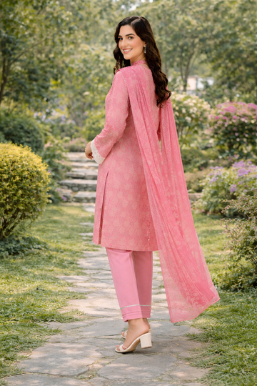 Blush Pink Digital Printed Lawn 3-Piece Suit with Voile Dupatta