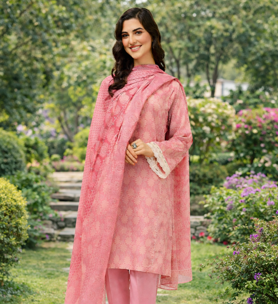 Blush Pink Digital Printed Lawn 3-Piece Suit with Voile Dupatta