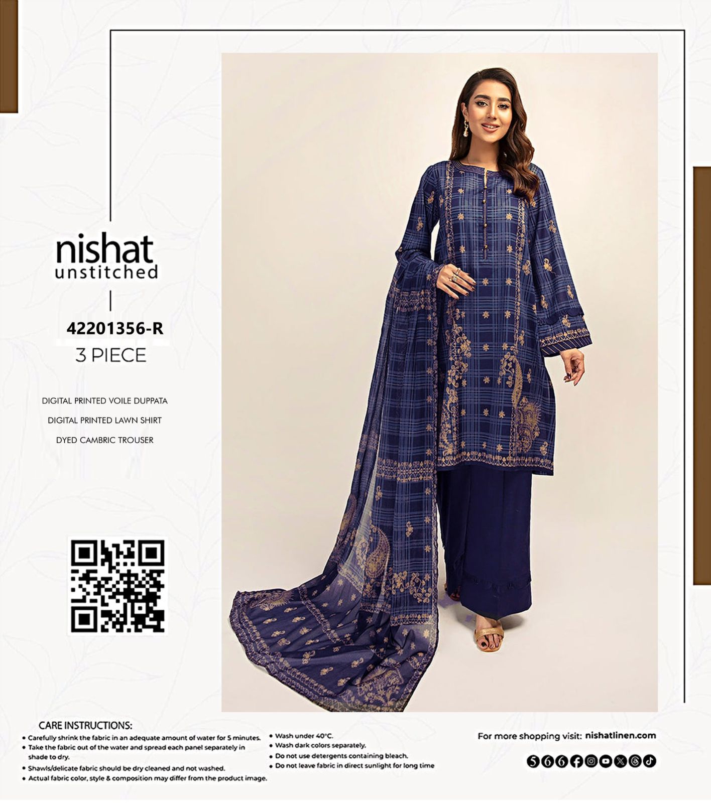 Nishat Unstitched 3-Piece Navy Blue Digital Printed Lawn Suit (42201356-R)
