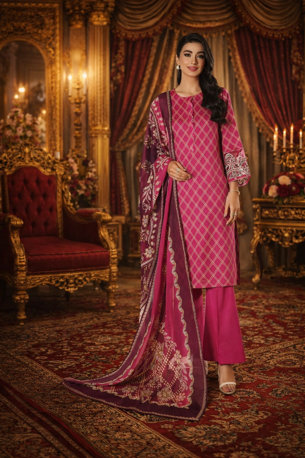Nishat Linen Unstitched 3-Piece Digital Printed Lawn Suit – Magenta