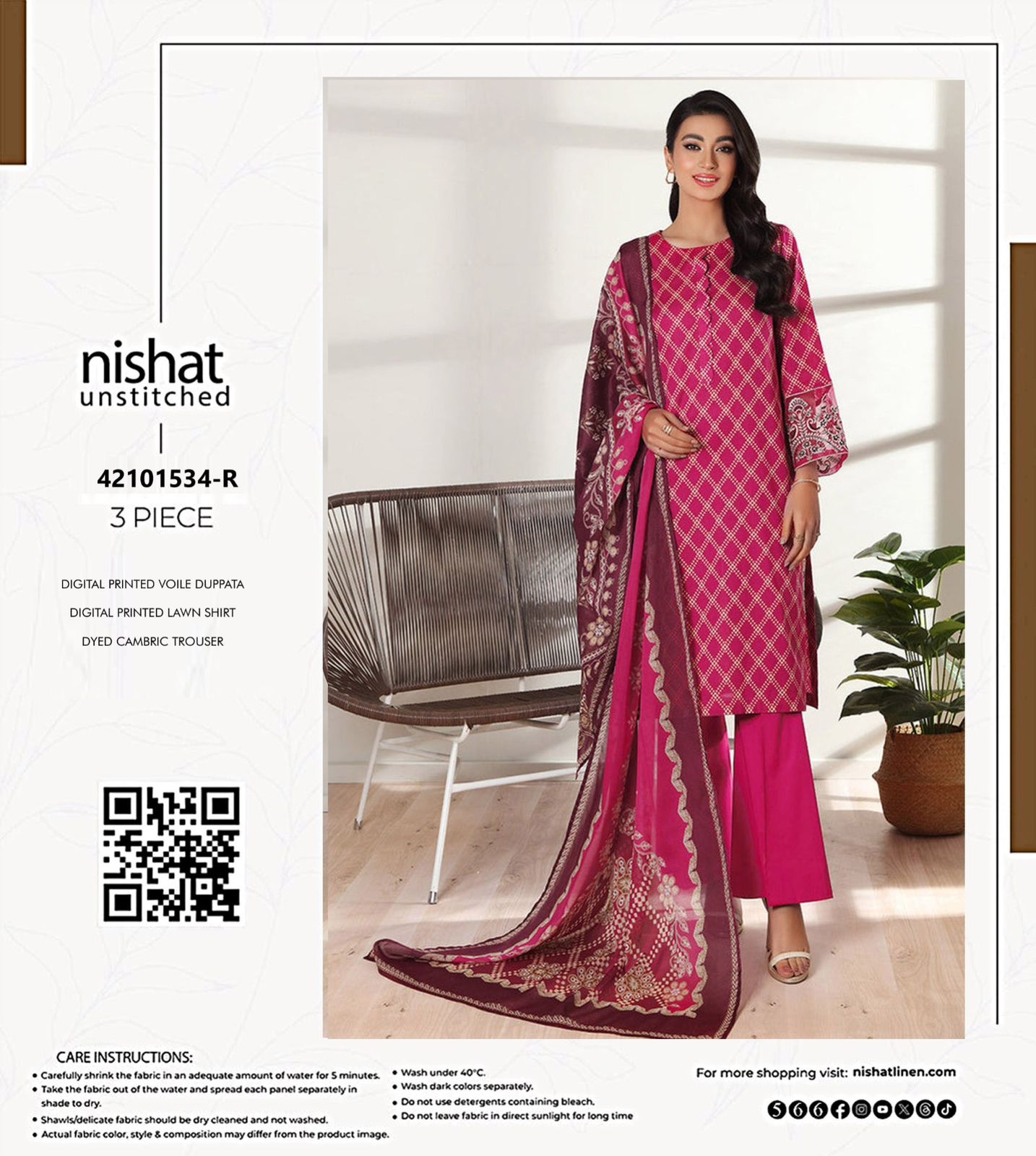 Nishat Linen Unstitched 3-Piece Digital Printed Lawn Suit – Magenta