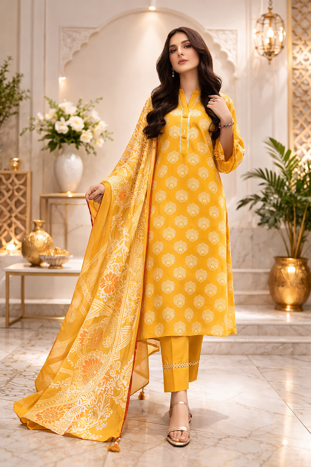 Elegant Mustard Ensemble in Luxury Interiors – Side Profile Fashion Editorial