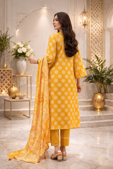 Elegant Mustard Ensemble in Luxury Interiors – Side Profile Fashion Editorial