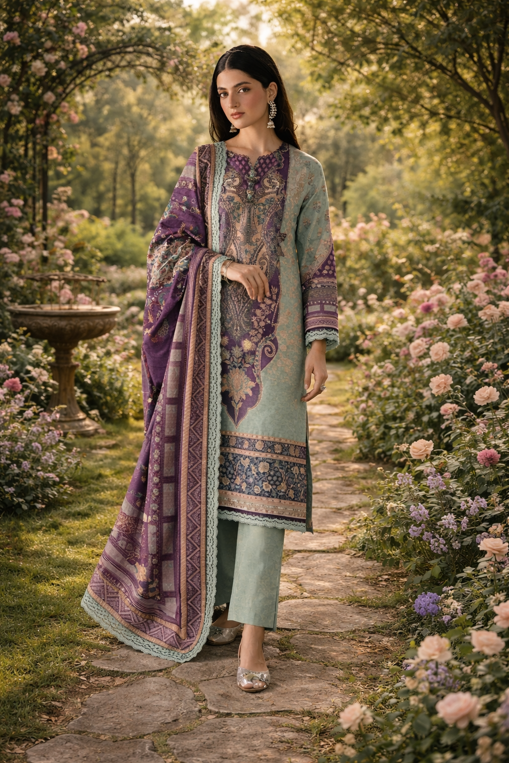 Elegant Mint & Plum Digital Printed 3-Piece Unstitched Lawn Suit