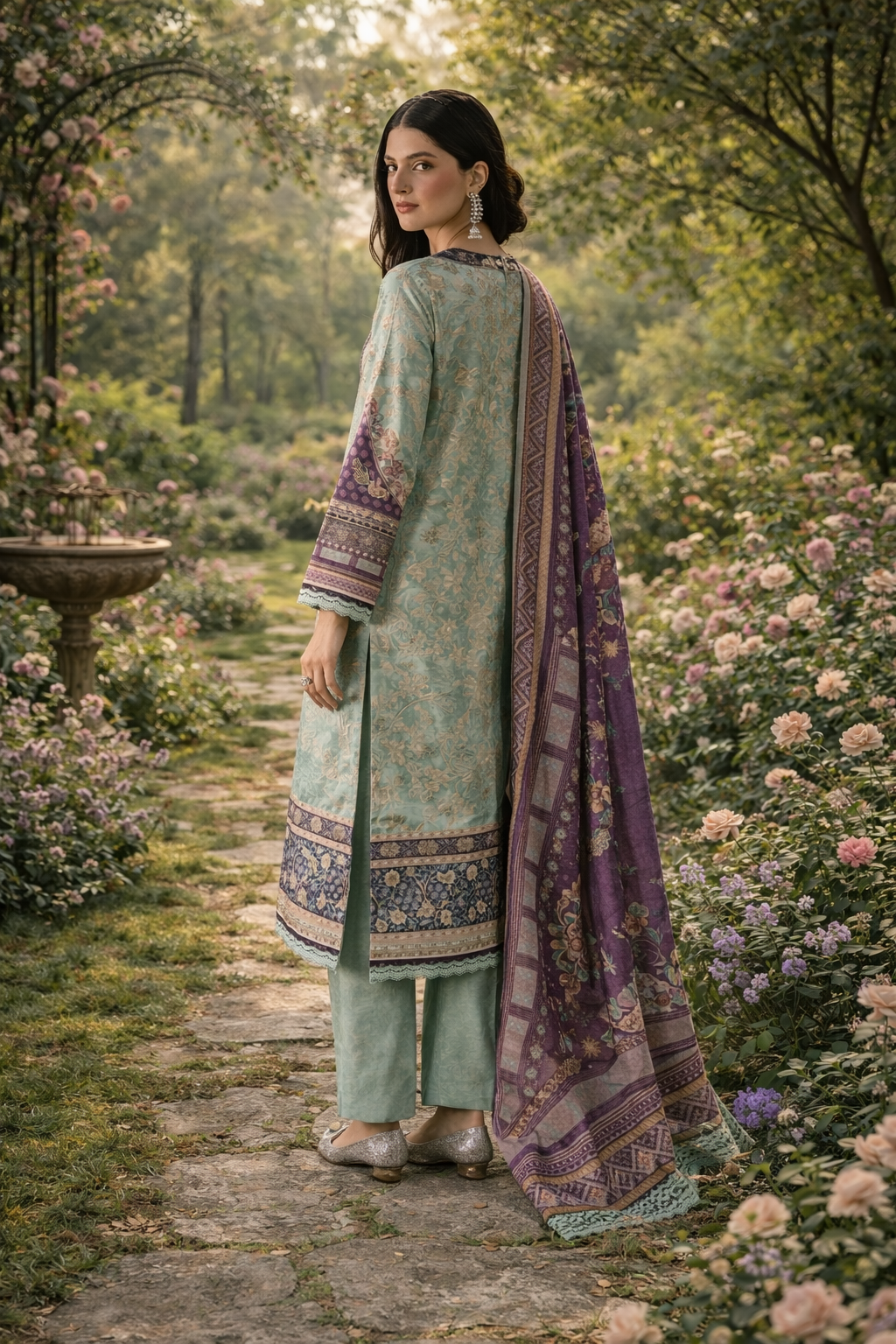 Elegant Mint & Plum Digital Printed 3-Piece Unstitched Lawn Suit